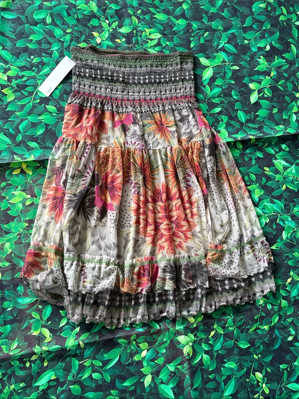 Lapis Floral Tiered Strapless Mini Dress in Green, Pink, Orange - Picture 3 of 3